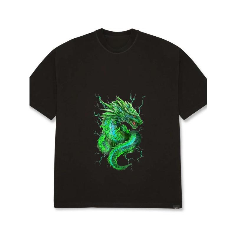 Rundhals T-Shirt Weiß Grüner Drachen-Print Freizeitkleidung
