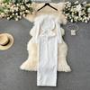 One-word Shoulder Fluffy Splicing Bead Dress Dress Women's Niche Waist and Thin Temperament Socialite