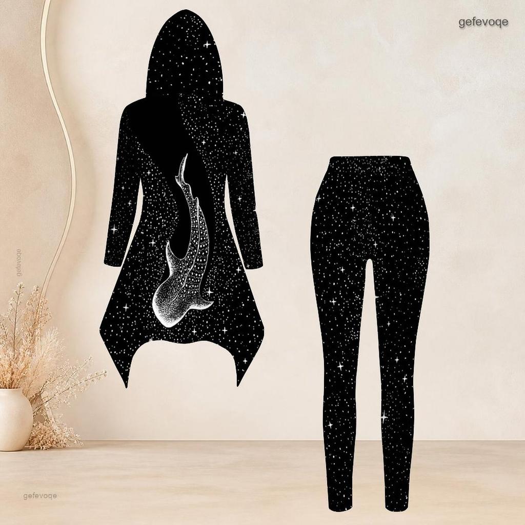 Women Plus Size Hooded Long Sleeve Printed High Low Top And Fitted Pants Two Piece Set