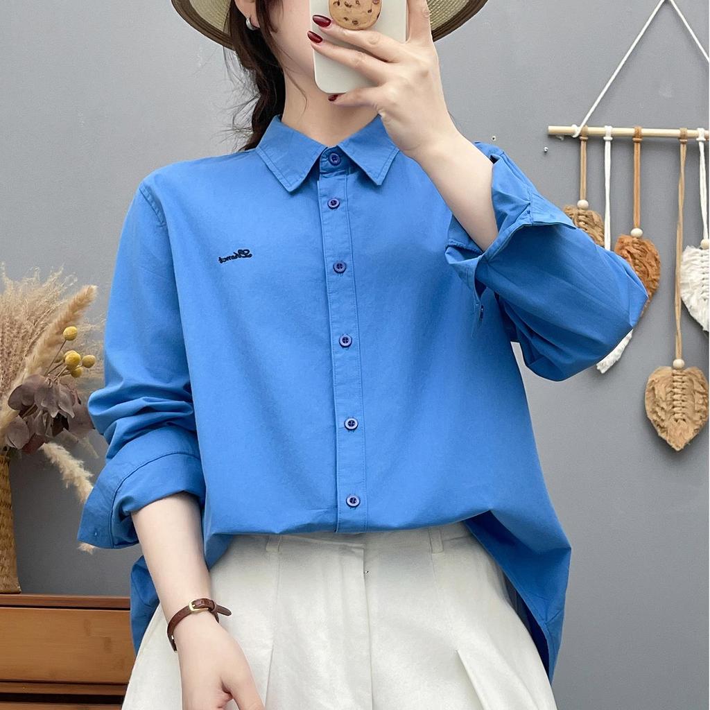 Women's Long Sleeve Embroidered Cotton Shirt - Candy Color, High Quality, Versatile Loose Fit Casual Top