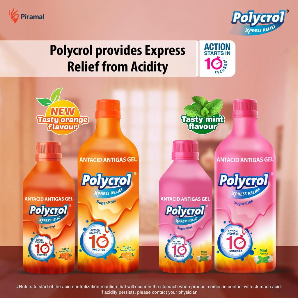 Polycrol Xpress Relief High ANC Antacid Antigas Gel 200ml Quick Cooling Orange Flavour Sugar Free