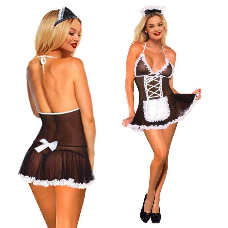 Sexy Lace Lingerie French Maid Cosplay Costume Set Halloween Party Outfit