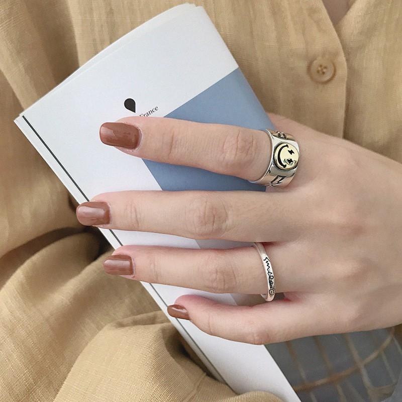 Adjustable Open Face Ring With Smiley Design Plated Copper Unisex Retro Style Statement Jewelry Finger