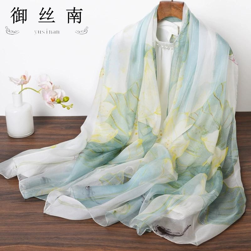 Spring Summer Women Large-size Printed Beach Shawls Muslim Hijabs Travel Thin Sunscreen Scarf/Scarves 100% Silk Beach Scarf