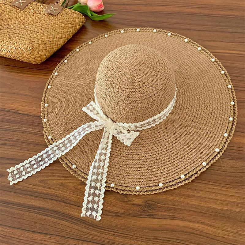 French Lace Bow Summer Wide Brim Hat For Sun Protection Beach Vacation Fans
