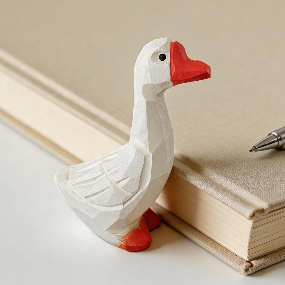 Hand Carved White Goose Figurine, Wooden Duck Sculpture Cute Animal Statue For Home Decor Desk Ornament Stress Relief Gift