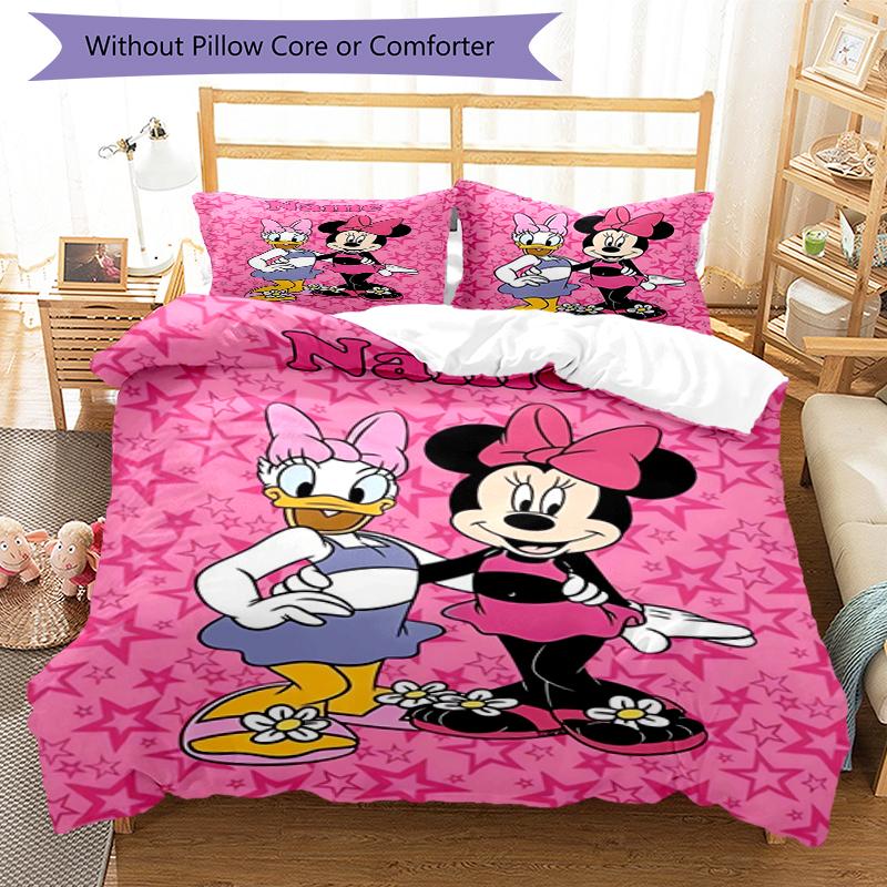 3pcs Custom Name Minnie Bedding Set Duvet Cover Closure Includes 1 Duvet Cover & 2 Pillowcases, Soft and Comfortable for All Seasons.