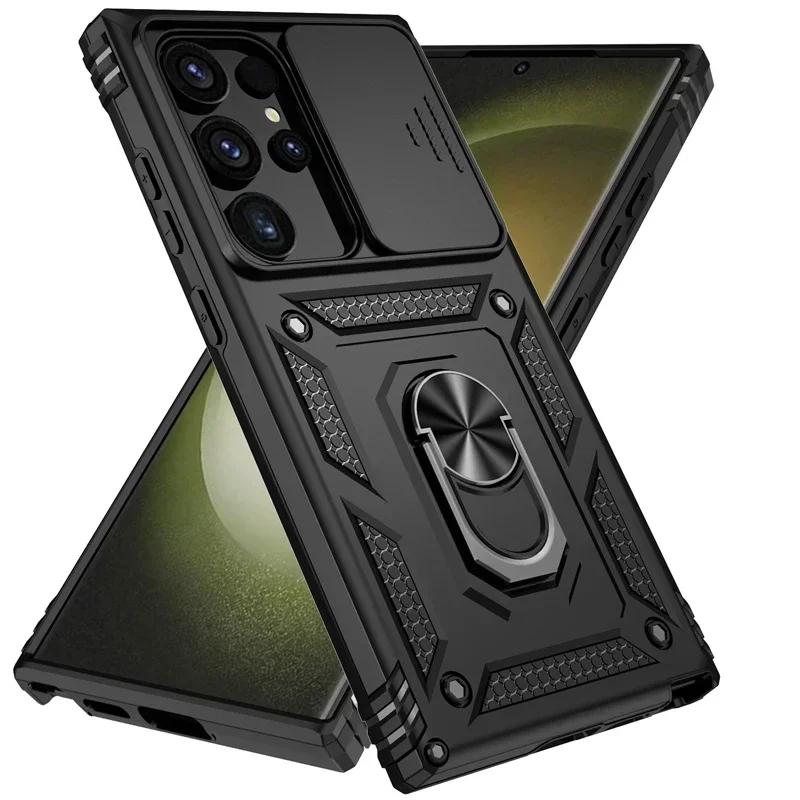Ring Stand Rotating Slide Camera Lens Military Grade Armor Case For Samsung Galaxy S24 S23 S22 S21 FE S20 Note 20 Ultra A16 A06