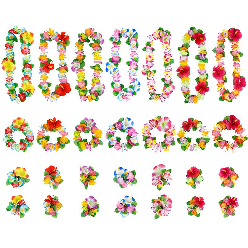 4Pcs/Set Hawaiian Flower Leis Garland Necklace Wreath Petal Headband Bracelet Beach Party Decor Wedding Dressing Accessories