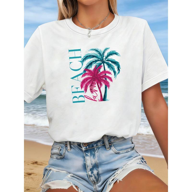 Plus Size, Women s Plus Size BEACH Palm Tree T-Shirt - Short Sleeve Crew Neck Casual Blouse Top with Palm Tree & Beach Print S