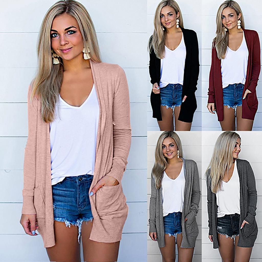 Dame Open Front Fly Away Cardigan Genser Langermet Pluss Lommer Løs Draper