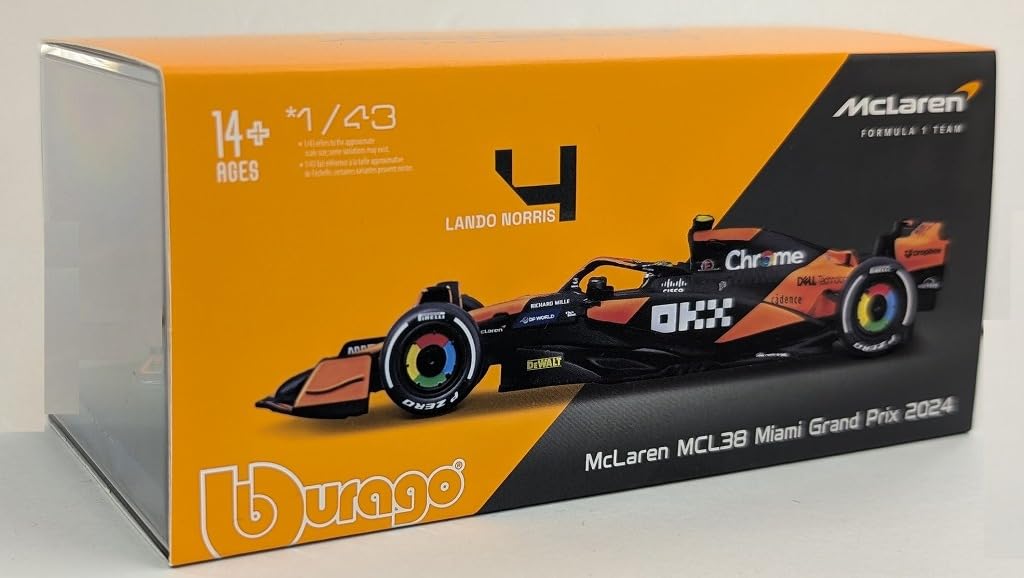 Kyosho BURAGO Scale Model McLaren F1 Team MCL38 Miami GP 2024 Driver with Clear Finished BUR38215NMIA 1/43 Kit No. 4, L. Norris, Case, Product,