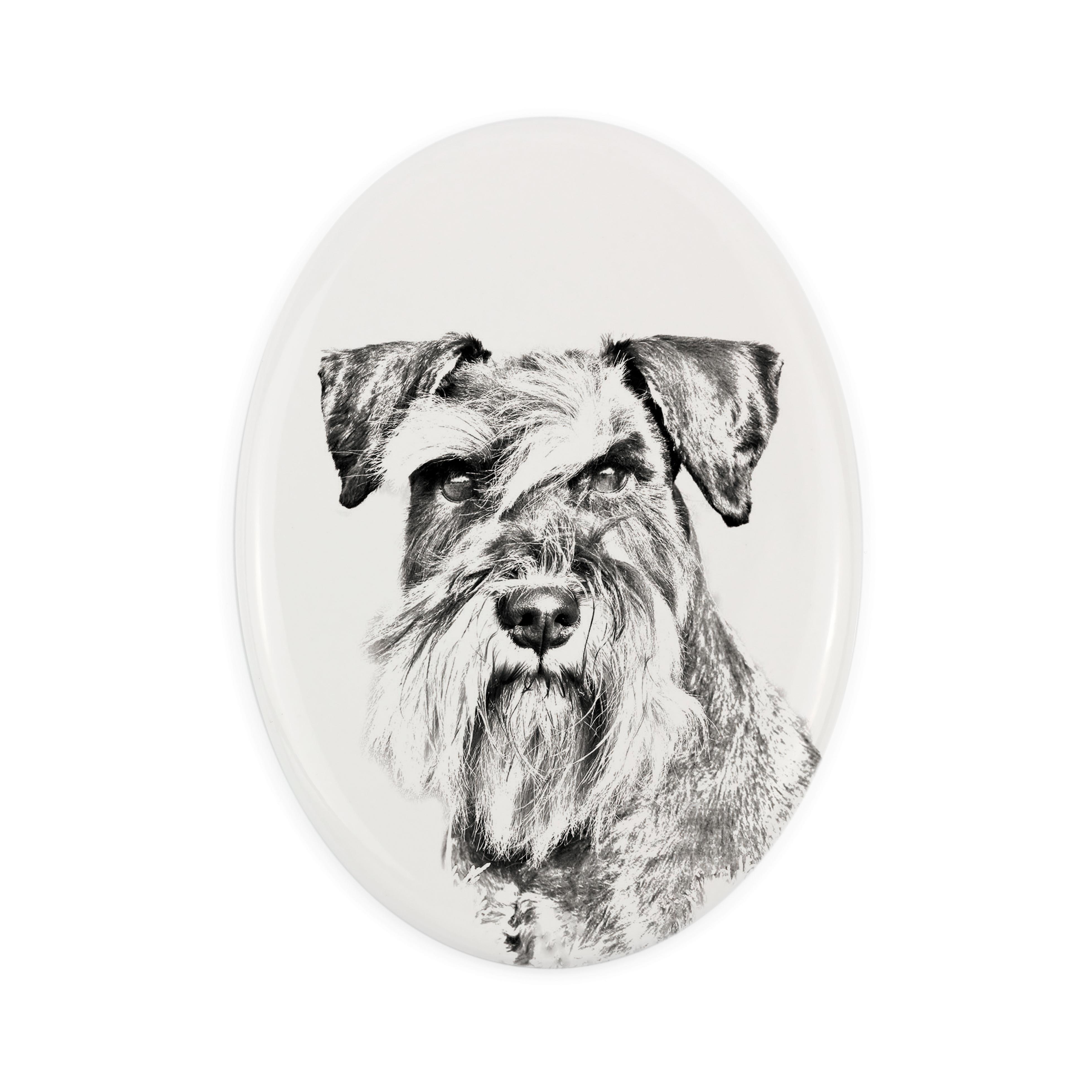 

Schnauzer - commemorative plaque with a photo of a dog, tombstone with a print, personalized oval plaque from the Art-Dog brand білий