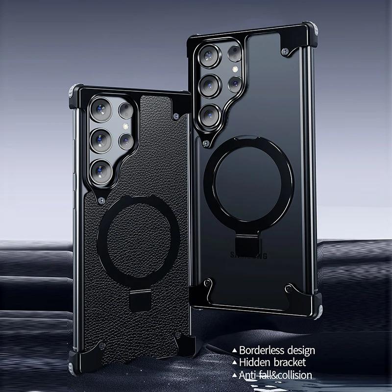 Luxury 120 Degree Rotating Stand PU Leather Phone Case for Samsung S24 S23 Ultra Wireless Magnetic Charging Shockproof Cover