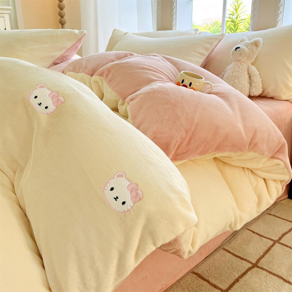 Thickened Milk Fleece Four-Piece Set, Embroidered Coral Fleece Quilt Cover, Thermal Bedding, Fleece Bed Sheet Three-Piece Set