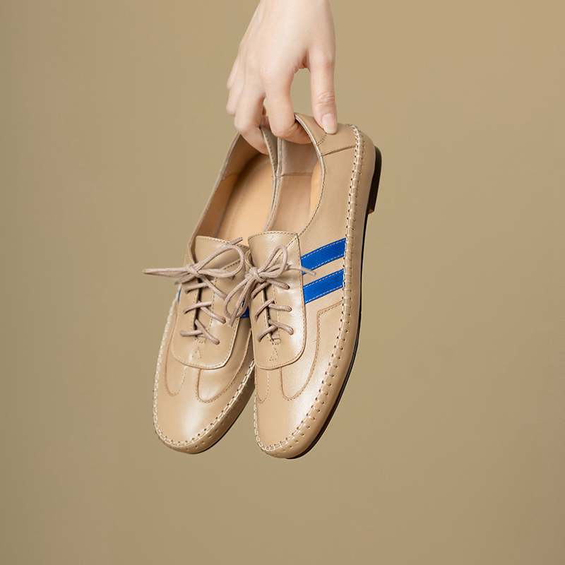 Krazing Pot Cow Skin Round Toe Size 43 Flat with Fashion Lace Up Leisure Handmade Comfortable Light Autumn Sneakers