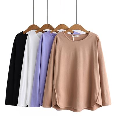 Damenbekleidung in Übergröße, Rundhalsausschnitt, Langarm-Sweatshirt, Frühling und Herbst, einfarbig, lässiges Oberteil aus Polyester mit bogenförmiger Unterseite