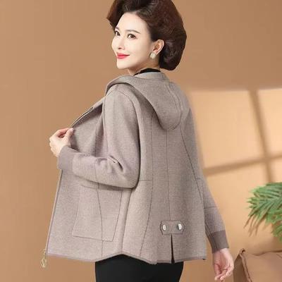Frühling und Herbst Verdickte Tasche Strickjacke Mode Mittleren Alters Frauen Kurzen Kapuze Gestrickten Wollmantel