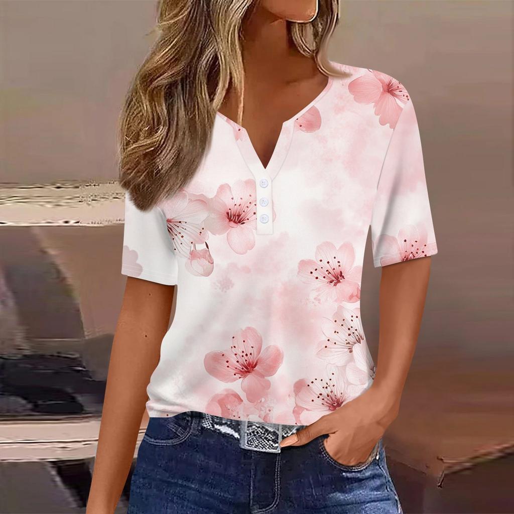 Damska koszulka z nadrukiem, dekoltem w serek, krótkim rękawem i ozdobnymi guzikami