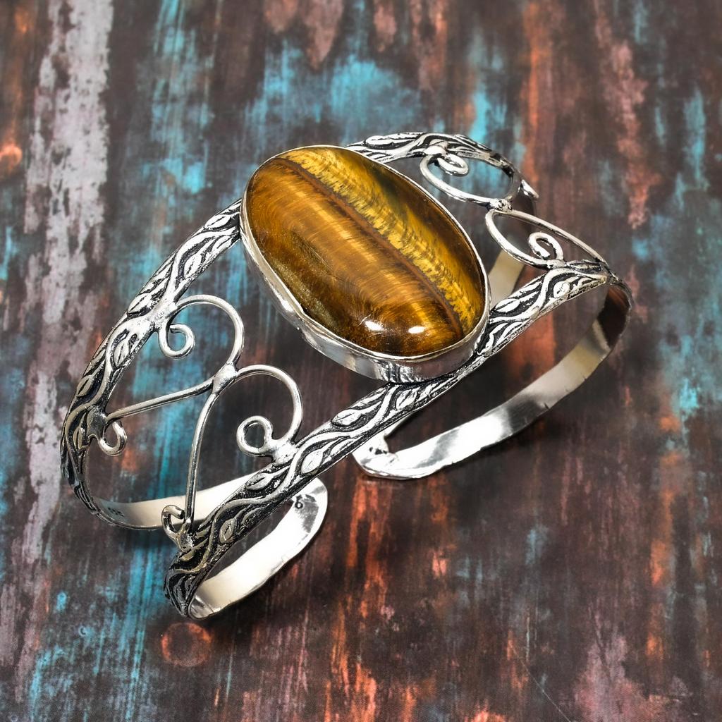 Tiger Eye Gemstone Handmade 925 Sterling Silver Bangle Jewelry Adjustable