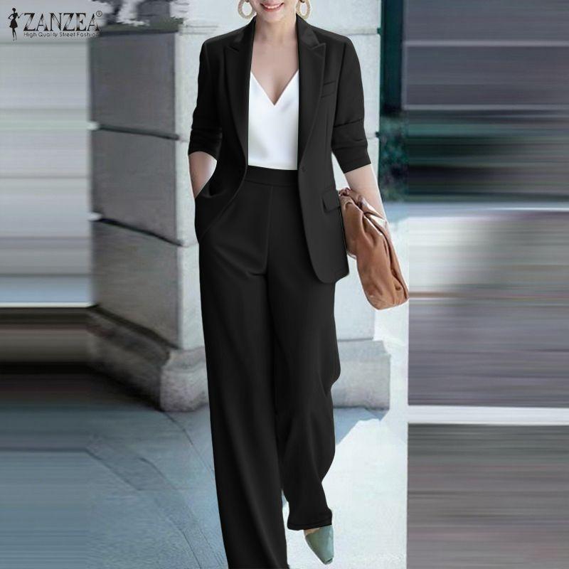 ZANZEA Women Long Sleeve Blazer and Pants Casual Two Piece Suit Sets