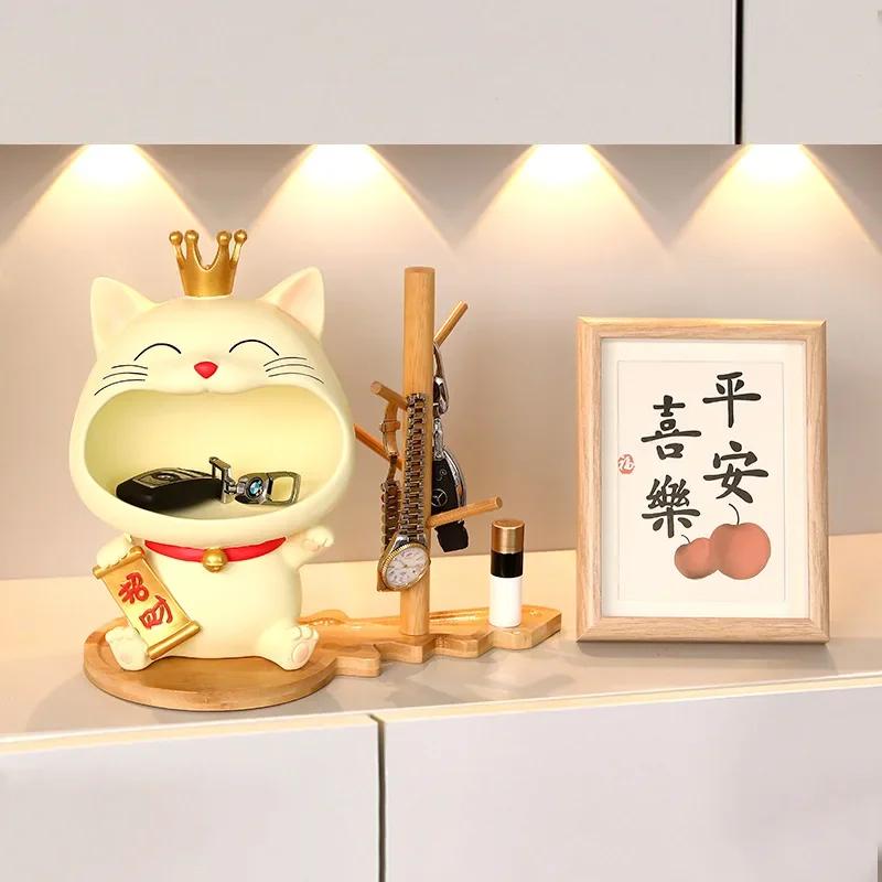 Lucky Cat Sculpture Kawaii Home Decoration Resin Crafts Cute Indoor Figurine Creative Living Room Ornaments Table Storage Statue
