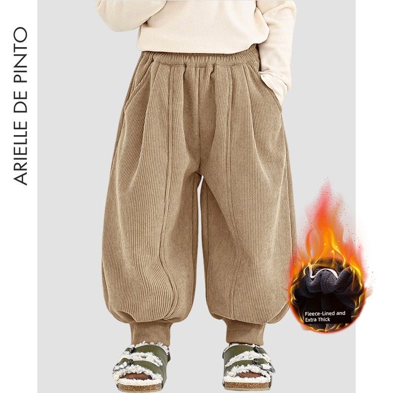 French Arielle De Pinto Boys  Fleece-Lined Pants, Winter Korean Style Jogger Pants, Soft and Warm Plaid Pants Khaki(Fleece-Lined) 120