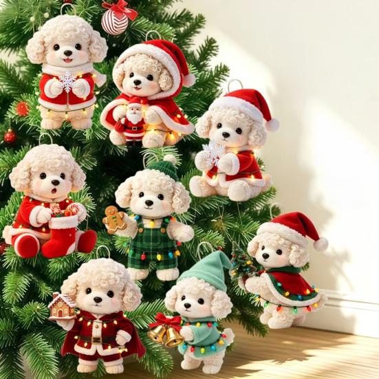 Festive Home Hanging Decor Christmas Dog Wooden Ornament, 2D Cartoon Puppy Ornaments with String, Holiday Tree Party Decoration Animal