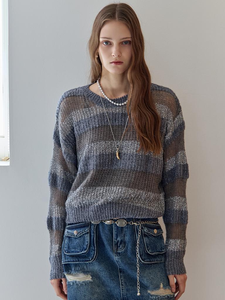 MAXZA Sequin Mix Stripe Loose Fit Boucle Knit