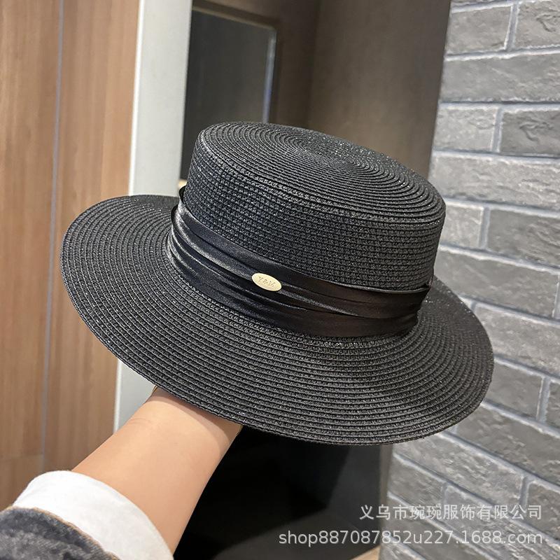 French Elegant Generous Flat Top Flat Brim Straw Hat Women's Spring and Summer Big Brim Sunshade Sun Protection Outdoor Travel Beach Sun Hat
