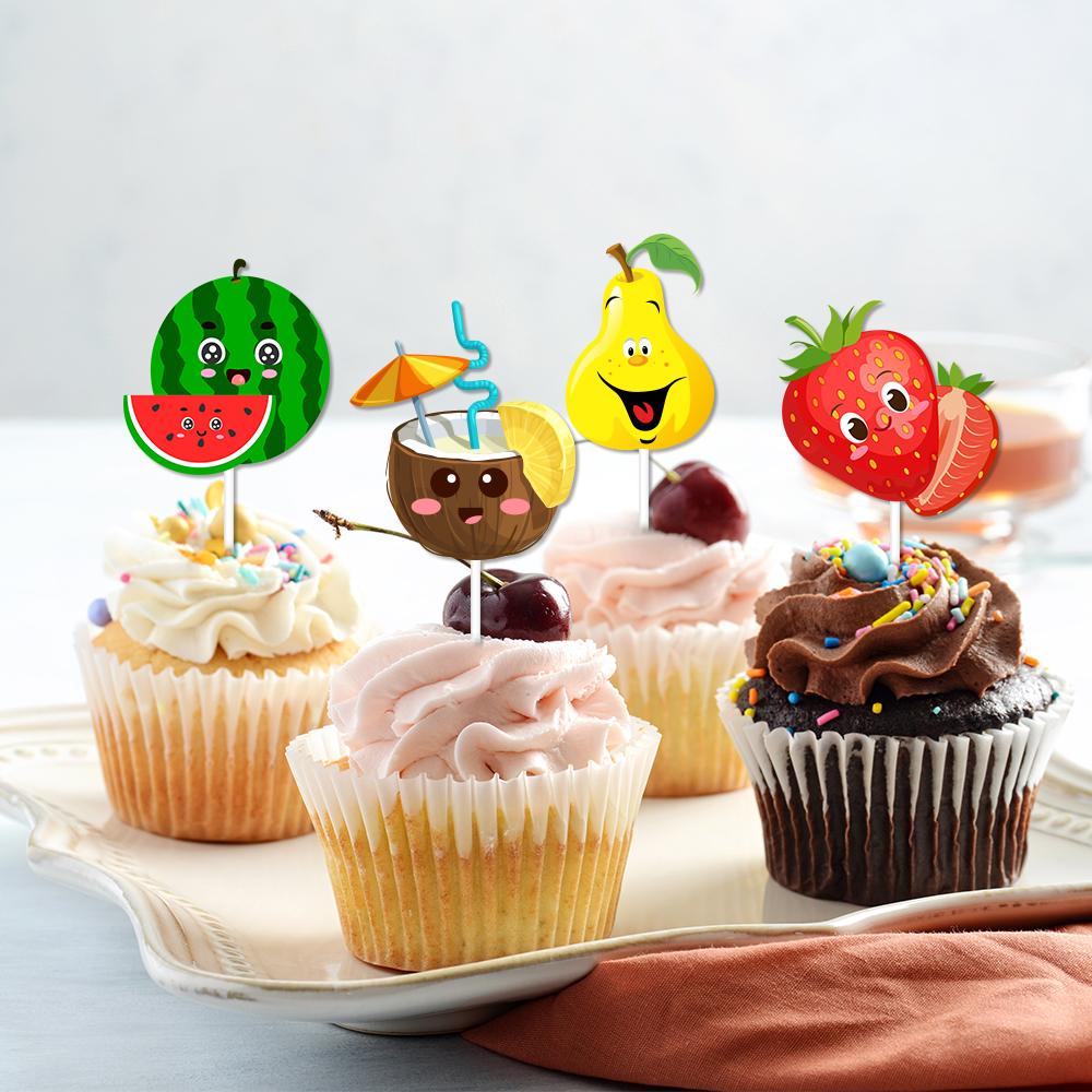 12/24 Piezas Toppers para Cupcakes de Frutas de Verano Sandía Limón Fresa Uvas Decoraciones para Pasteles Tema de Frutas Tropicales Fiesta de Cumpleaños