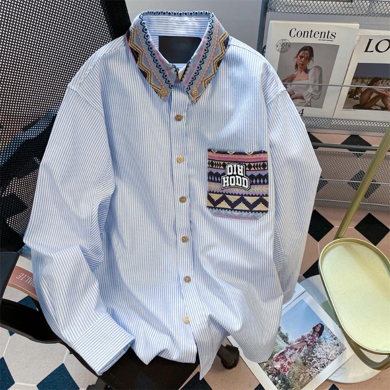 

Вышитая полосатая женская рубашка, накладной карман, лацкан, универсальная блузка с длинным рукавом, ранняя осень, свободная модная женская повседневная блузка L синий