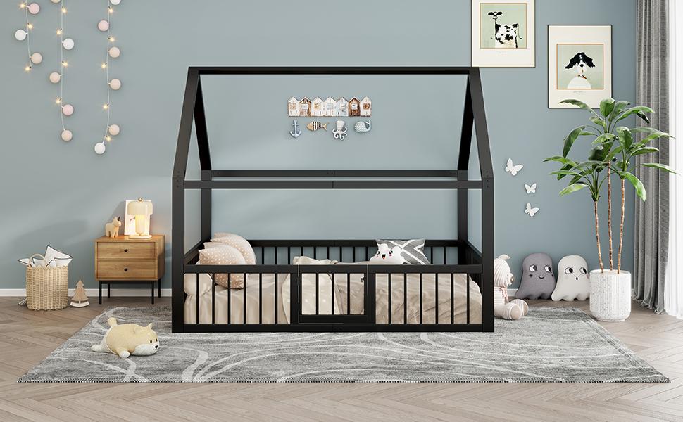 Flat bed, metal bed, 140 x 200 cm, metal bed frame, iron bed, children's bed, without mattress, house decorative trim, parapet, black