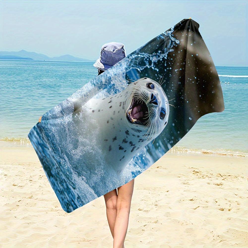 Asciugamano da Spiaggia Piatto 2D 1 Pezzo Foca Felice Stampa Animale Carina Design Scena Oceanica Asciugatura Rapida Morbida Microfibra Asciugamano da Bagno per Bambini Regalo