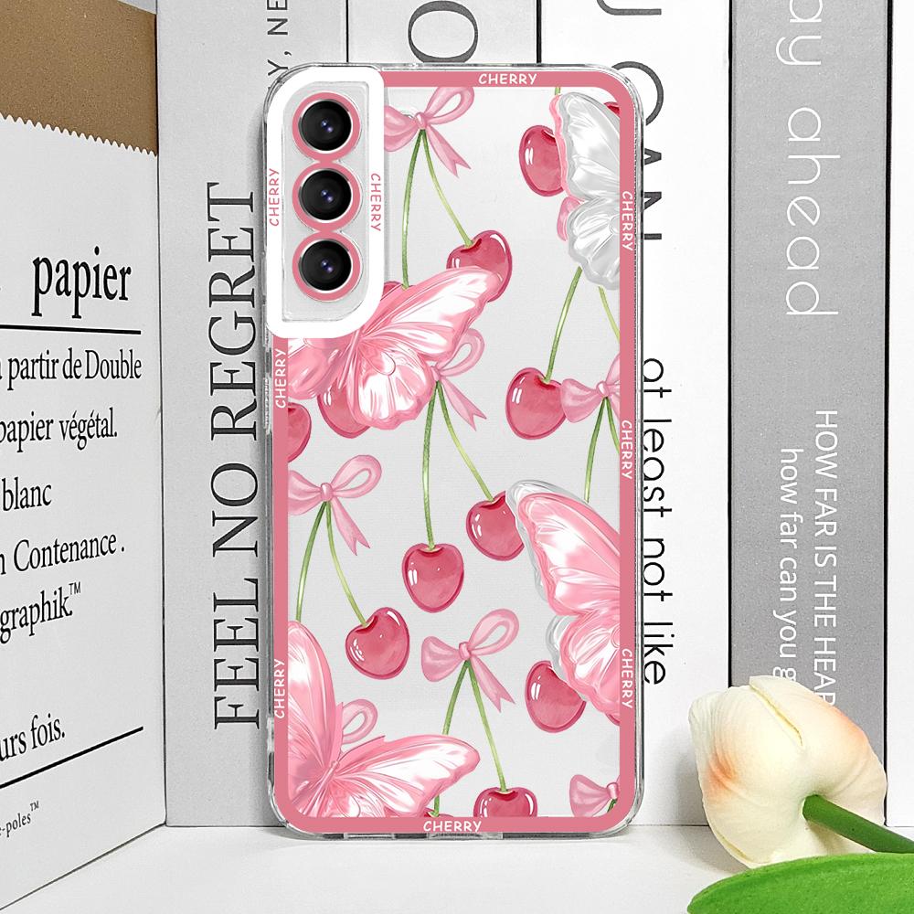 Stylish Butterfly Flower Red Cherry Phone Case for Samsung Galaxy S25 S25FE S24+ S23 Ultra S22 S21 S20 Plus S24 FE 5G Soft Cover