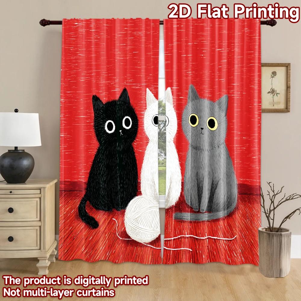 2D flat printing 2pcs Curtains Cute Cats Yarn Digital Printed Polyester Drapes Birthday Party for Photo Booths Birthdays