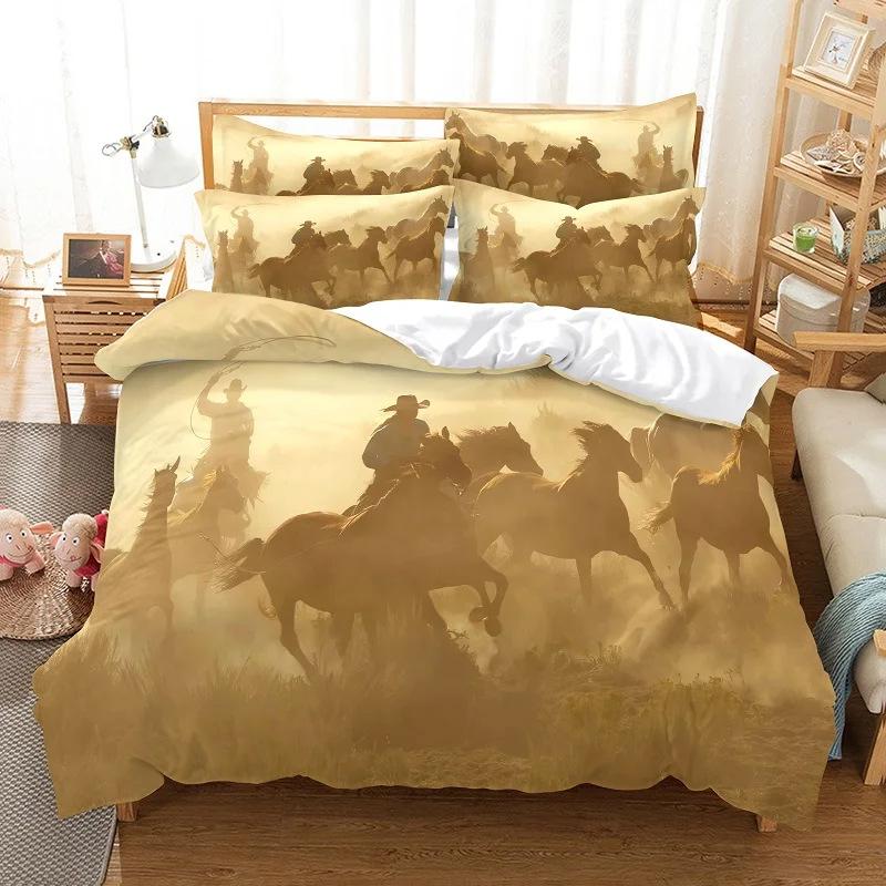 Horse Pattern 3D Digital Printing Three-piece Set, Polished Duvet Set, Animal Single Bedding