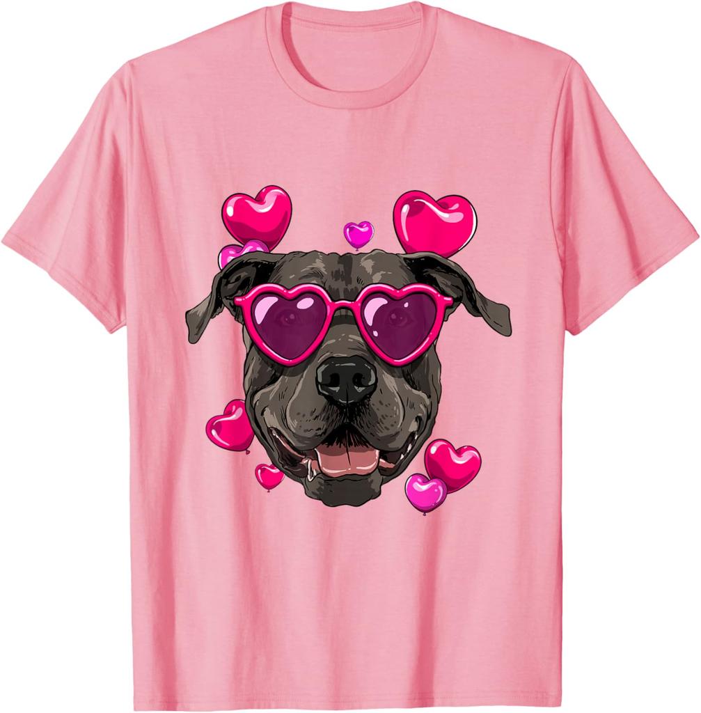 Pit Bull Dog Valentines Day Heart Sunglasses Graphic T-Shirt Soft Cotton Casual Tee