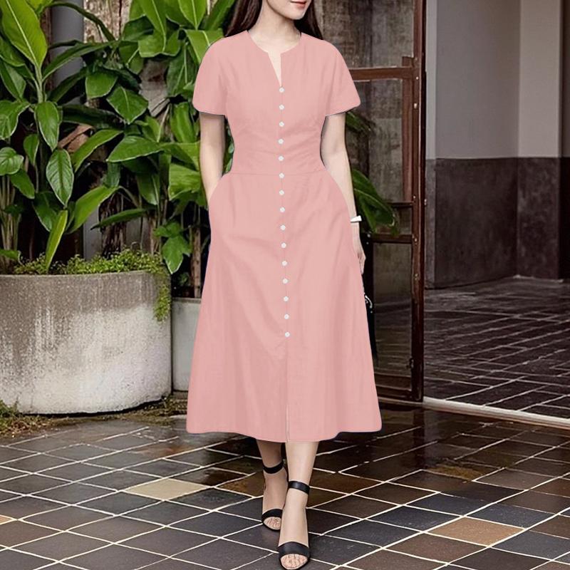 ZANZEA Women Casual V-Neck Solid Color Summer Short Sleeve Dress