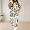 Women Plus Size White Printed Round Neck Short Sleeve Crop Top Drawstring Pocket Pants Two Piece Set