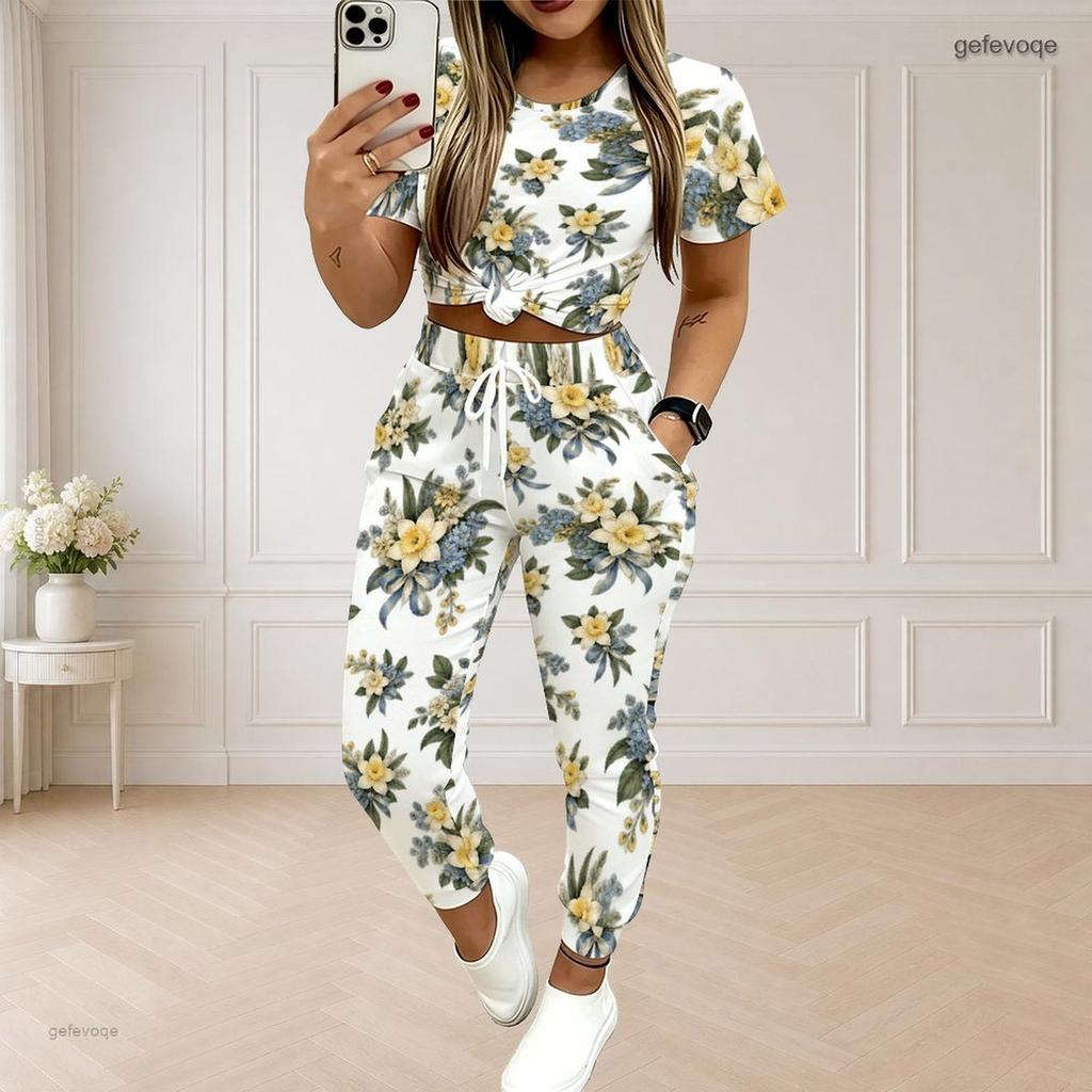Women Plus Size White Printed Round Neck Short Sleeve Crop Top Drawstring Pocket Pants Two Piece Set