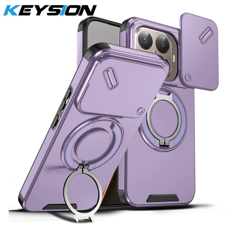 KEYSION 360° Rotating Ring Stand Phone Case for Xiaomi 15T 15T Pro Silicone+PC Slide Camera Protection Magnetic Shockproof Cover