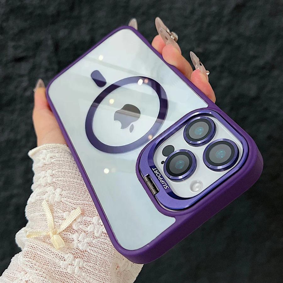 Fashion Ring Stand Magnetic Case For iPhone 16 15 14 Plus 13 12 11 Pro Max Case with Glass Lens Protector Phone Case for Magsafe