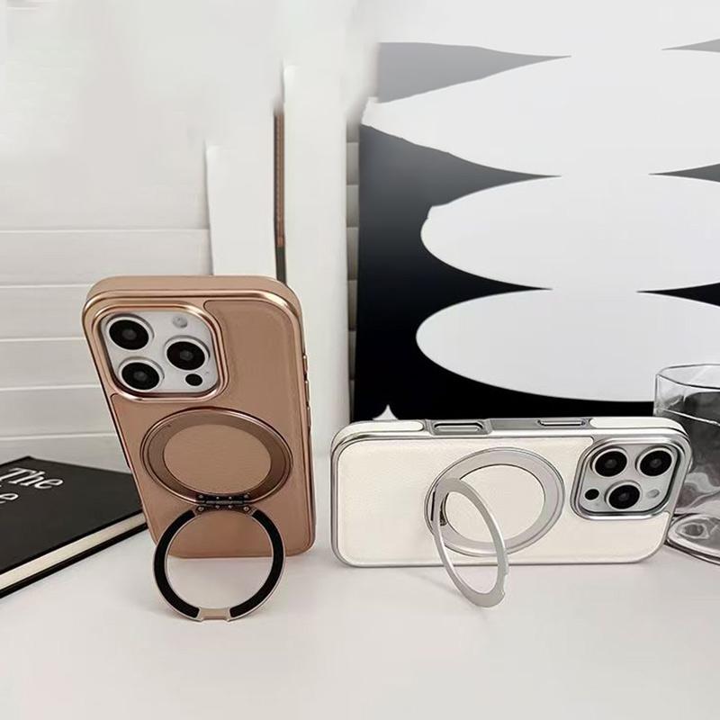 For Magsafe Magnetic 360 ° Rotating Metal Car Bracket Ring Solid Color Leather Phone Case For iPhone 16 Pro Max 14 13 15 Pro Max