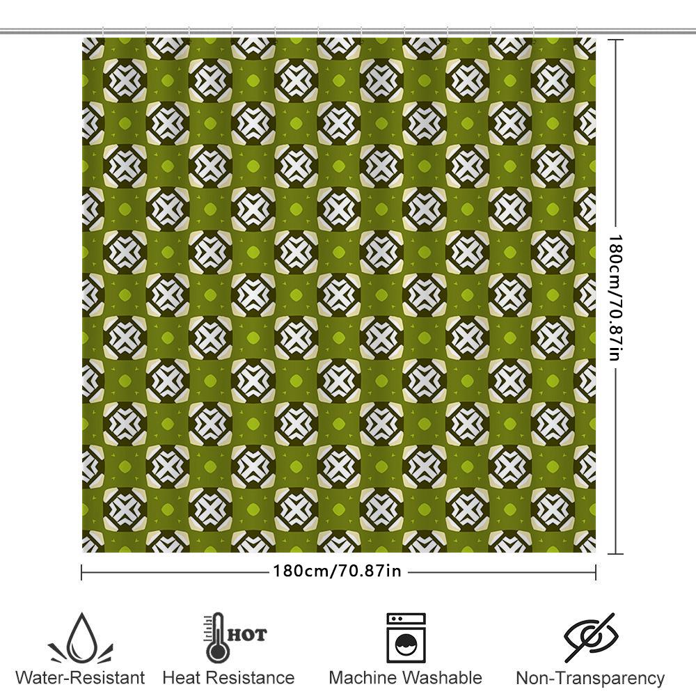 Green White Geometric Shower Curtain For Bathroom Decor Modern Print, Polyester Fabric Size 72X72 Inches Or 180Cm X 180 Cm (Larg