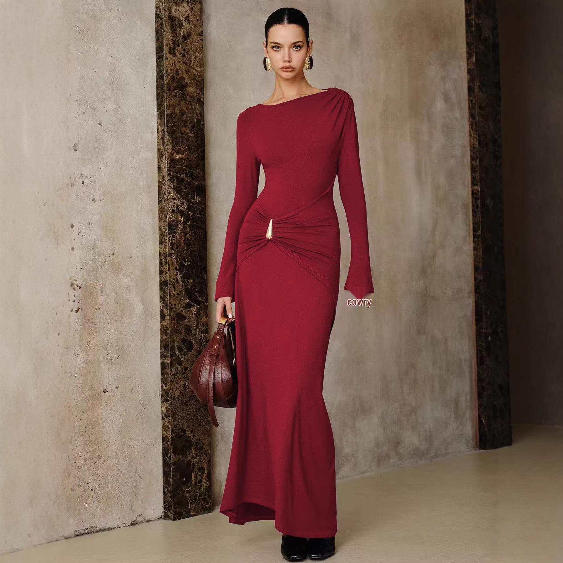 

European & American Fashionable Wine Red Long Dress with Metal Accessories, Slim-Fit, Elegant for 2025. L вино красного