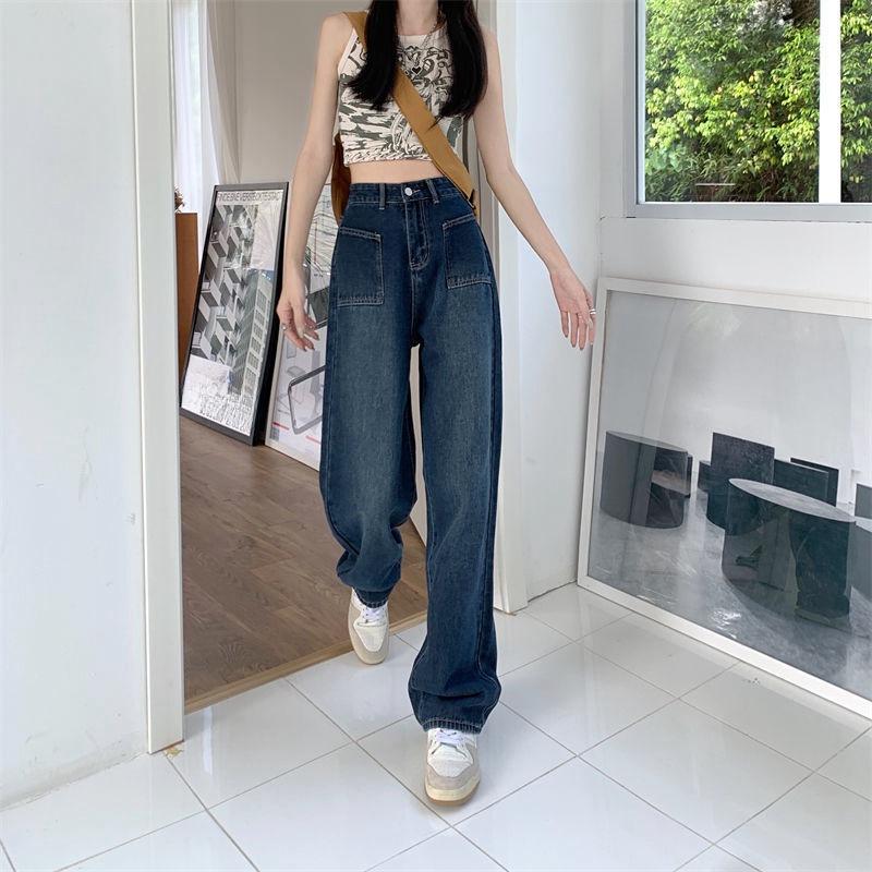 Women's High Waist Wide-Leg Jeans with Large Pockets - Korean Style, Plus Size, Straight Fit