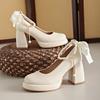 New Mary Janes Pumps for Womens Shoe Round Toe Shallow Mouth Beaded Bow 8.5CM Thick High Heels Office Shoes Size 34-43