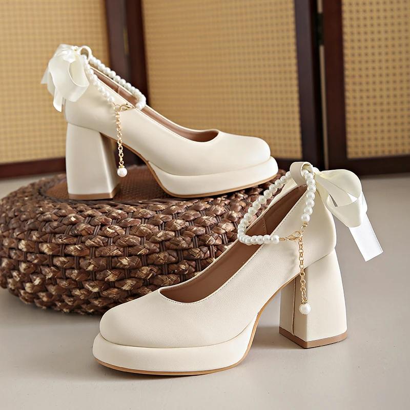 New Mary Janes Pumps for Womens Shoe Round Toe Shallow Mouth Beaded Bow 8.5CM Thick High Heels Office Shoes Size 34-43
