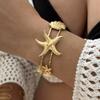 Vintage Punk Stainless Steel Ocean Series Wide Cuff Bangle for Women Gold Plated Starfish Conch Turtle Bracelet Beach Jewelry